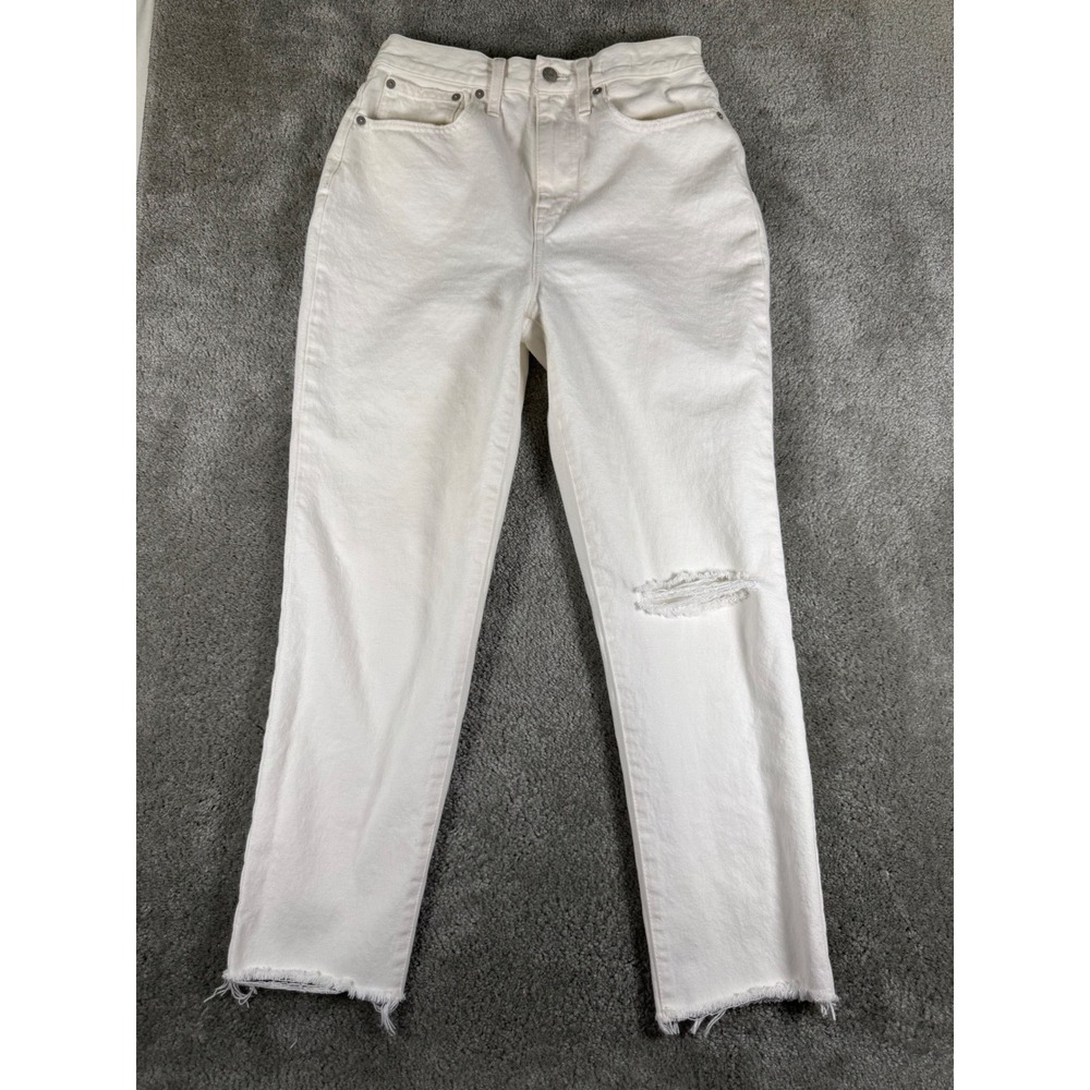 Madewell The Momjean White Distressed High Rise Straight Leg Jeans Size 27